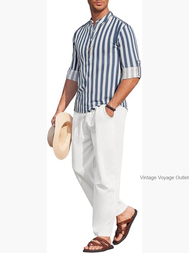 Men's 2 Piece Cotton Linen Set Long Sleeve Henley Shirt & Beach Pants Outfit